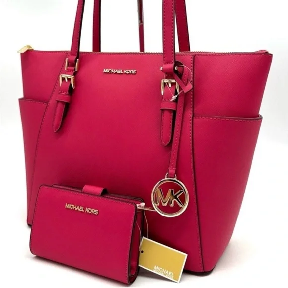 Michael Kors Large Charlotte Tote Bag & MD Bifold Zip Chain Wallet Electric Pink - Picture 3 of 14